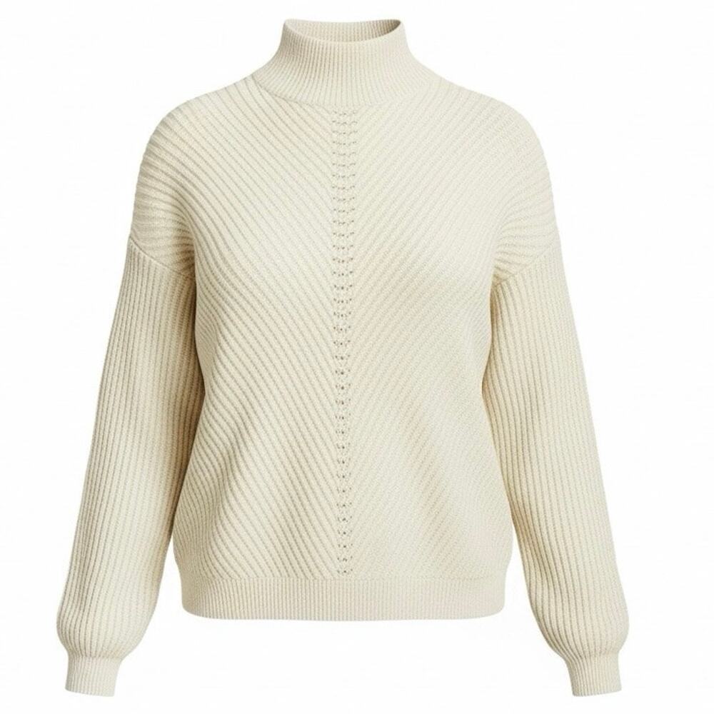 Marine Layer M Cream Mock Neck Diagonal Rib Knit Cotton Wool Blend Sweater